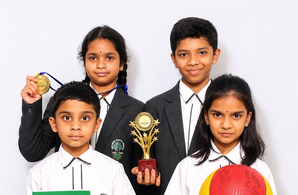 Proud students holding school awards, certificates, and basketball
